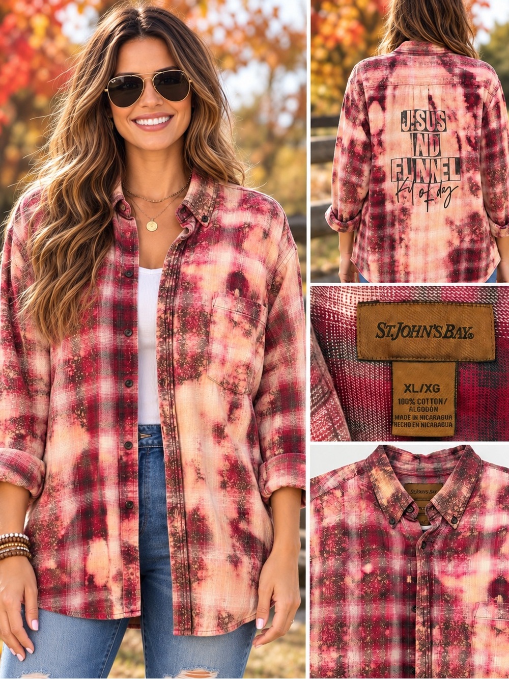 St. John's Jesus & Flannel Tie-Dye Plaid Flannel Shirt Shacket Christian Boho
